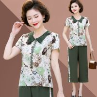 Middle-aged and old mother summer suit the new T-shirt small unlined upper garment of middle-aged womens clothing chiffon blouse summer loose two-piece outfit