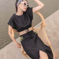 Biary - Linen Set Mist top &amp; Flow skirt (BLACK COLOR) ขายเป็นเซ็ทได้ทั้งเสื้อและกระโปรง* เสื้อลินินดีเทลผูกเอว และกระโปรงผ่าหน้าเอวยางยืด