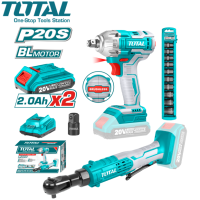 TOTAL เครื่องยิงลูกบ๊อกซ์ + ด้ามฟรี ไร้สาย 20 V + ชุดลูกบ๊อกซ์ (แบตเตอรี่ 2 ก้อน + แท่นชาร์จ)รุ่น TOSLI23043