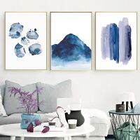 Nordic สีน้ำ Wall Art - Navy Blue Landscape Mountain โปสเตอร์และพิมพ์ภาพวาดผ้าใบนามธรรมสำหรับตกแต่งห้องนั่งเล่นสมัยใหม่