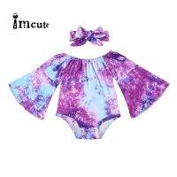 Imcute Fall Girls Tie-dye Clothes Set Toddler Off-shoulder Flare Sleeve Jumpsuit + Bow-knot Headband for Baby Girls Bodysuits  by Hs2023