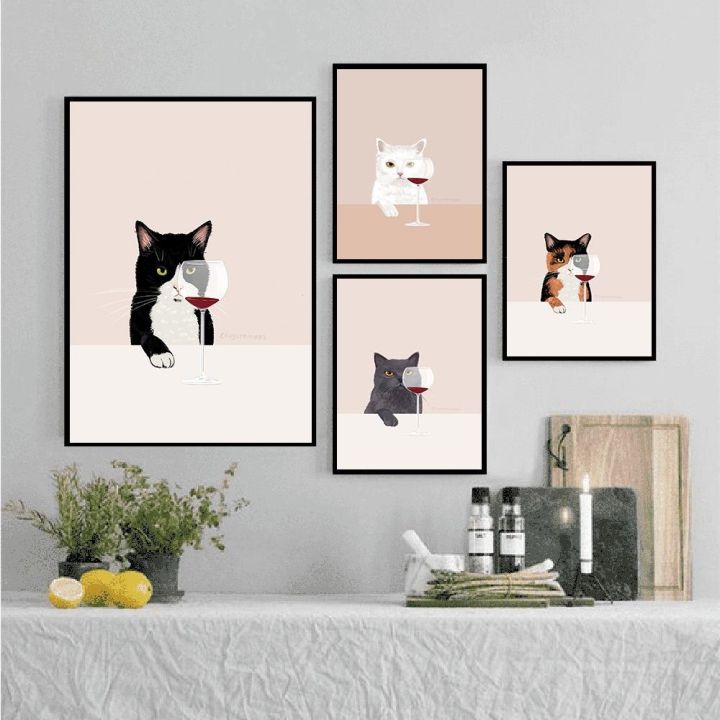 แมวตลกโปสเตอร์แมวสีขาวรสชาติไวน์แดงภาพวาดผ้าใบ-cat-lover-ของขวัญ-kitchen-wall-art-รูปภาพสำหรับห้องนั่งเล่นตกแต่งบ้าน