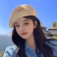 ✒▲ beret hat Double-sided lattice letters korean beret casual Joker octagonal hat Beret women hat Fashion hat