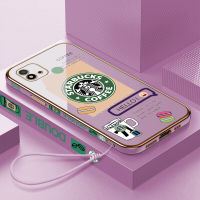 เคสเคสมือถือสำหรับ C20 Realme/C20A /Realme 2021 C11มีฟรีสายคล้อง + โลโก้ Starbucks ขอบสี่เหลี่ยมชุบเคลือบฝาหลังนิ่ม