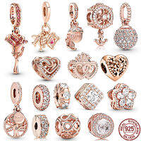 Rose Gold Plated 925 เงินสเตอร์ลิงประกายต้นไม้ครอบครัว &amp; Rose ดอกไม้ Dangle Charm เครื่องประดับ Bead Fit สร้อยข้อมือ Pandora-Jiieu