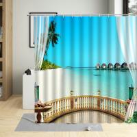 3D Seaside Scenery Shower Curtain Ocean View Palm Tree Flower Butterfly Forest Waterfall Bathroom Curtains Hooks Waterproof Sets