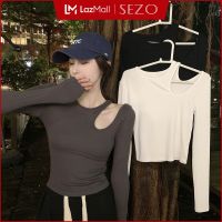 SEZO เสื้อยืดเปิดไหล่มีฮู้ดแขนยาว,สีพื้นสไตล์เกาหลีสำหรับผู้หญิง