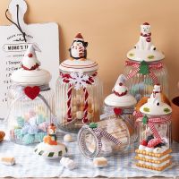 【LZ】❃☁  Papai noel natal pinguim árvore doces biscoito mason jar cozinha cereais recipientes de armazenamento de alimentos frascos de vela com tampa frasco de vidro