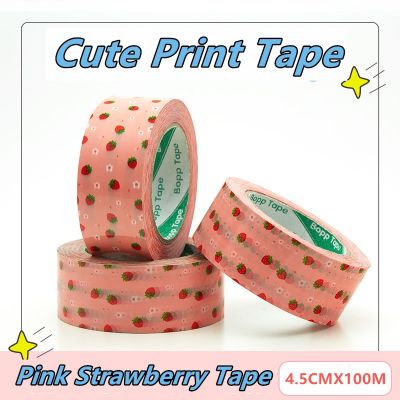 ∋۞ 4.5CM 100M Cartoon Cute Strawberry Pattern Pink Adhesive Tape High Viscosity High Strength Packing DIY Gift Packing Decor Tape