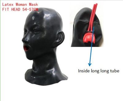 Hot 3D Latex Human Hood Mask Closed Eyes Fetish Hood With Red Mouth Sheath Tongue Nose Tube