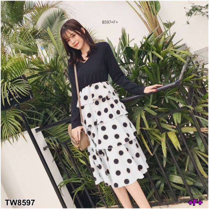 tw8597-dress-ชุดเดรสแขนยาว-ด้านบนเป็นผ้าคอตตอนสีดำ