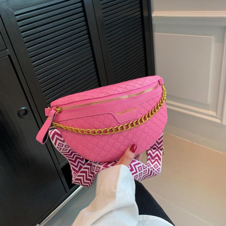 กระเป๋าคาดสะโพกประดับโซ่พาดไหล่ปรับได้สายกระเป๋าหนัง-pu-หลากสีสำหรับผู้หญิงคาดอกแฟชั่น