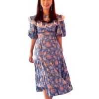 P010-165 PIMNADACLOSET - Short Puff Sleeve Crew Neck Floral Print And Long High Waist Tier Skirt Set