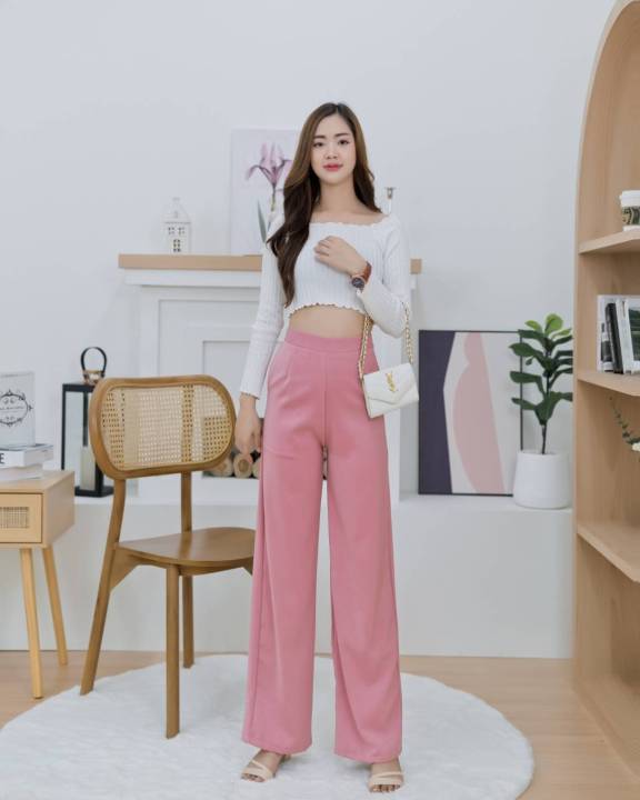 กางเกงขายาว-ทรงกระบอกใหญ่-ผ้าฮานาโกะ-ทรงสวย-ดูดีดูแพง
