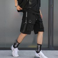 Summer national tide letter printing ribbon decoration mens casual pants multi-pocket overalls Harajuku style five-point shorts夏季国潮字母印花飘带装饰男士休闲裤多口袋工装裤原宿风五分短裤