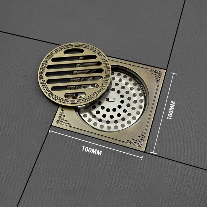 bronze-floor-drains-antique-brass-copper-shower-drainage-bathroom-deodorant-4-inch-square-floor-drain-strainer-cover-waste-grate-by-hs2023
