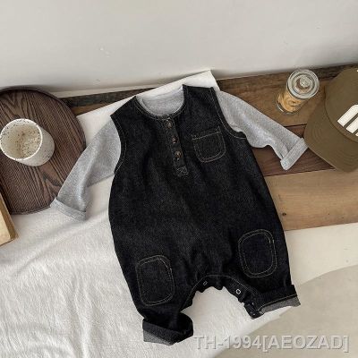 ◇❉ Macacão jeans sem mangas para bebês meninos tops de manga comprida roupas infantis terno algodão 2 peças primavera outono 2023