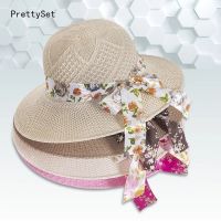 Prettyset】หมวกบังแดดฟางผู้หญิงแบบคลาสสิกหมวกชายหาดแบนป้องกันแสงแดดในฤดูร้อนสไตล์คาวบอยหมวกขอบกว้างปานามาพับเก็บได้