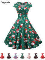 KKChristmas ชุดปาร์ตี้ผู้หญิง2023แขนสั้น V คอ Elegant Vintage พิมพ์ Xmas ปีใหม่พรหม Sundress 3XL Robeq11