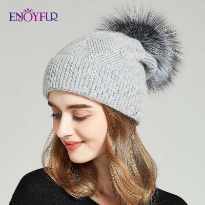 ENJOYFUR Winter Hats For Women Natural Fur Pompom hat Warm Wool Slouchy Beanies For Female Fashion Skullies Lady Hats