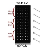 60Pcs สแตนเลสจิวจมูกวงแหวนหมุดเจาะอัญมณีประดับร่างกาย22G 1.5มม.2มม.2.5มม.