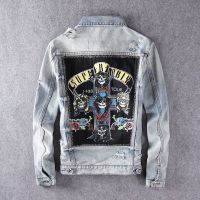 Streetwear Fashion Men Jacket Retro Gray Blue Patches Designer Ripped Denim Jacket Men Skull Printed Hip Hop Chaquetas Hombre