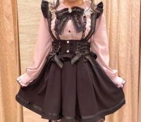 【LZ】☁  Estilo japonês alfabeto suspender saia menina bonito doce lolita arco preto a linha saia curta cosplay roupas faldas mujer