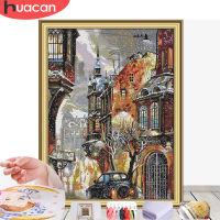 HUACAN Cross Stitch City Scenery Needlework Sets For Full Kits White Canvas DIY Embroidery Snow Gift Home Decor 14CT