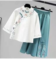 Plus Size 2XL Chinese Style Women 39;s Skirts Suit 2021 Summer New Retro Embroidery Blouse Improved Hanfu Skirt Two-piece Set