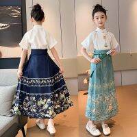 สไตล์วินเทจของผู้หญิง Explosive national style horse face skirt girls summer suit childrens Hanfu skirt short-sleeved ancient style daily summer 2023