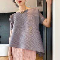 ❦✾ Aiden001 One Size Summer Pleated Irregular Large Size Loose Small Fragrance Short-Sleeved Oblique T-Shirt 2058