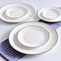 Household Ceramic Plate Round White Gold Rim Shallow Dish Holiday Gift Breakfast Salad Tray Dinner Steak Dishes Tableware