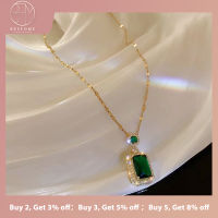 BESFOME Retro Emerald Square สร้อยคอจี้เพชรผู้หญิงแฟชั่น Clavicle Chain ไม่ซีดจางสแตนเลส18K ชุบทองจริง