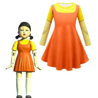 【sympathy】 Squid Game Robot Doll Star Cosplay Dresses Scary Yellow Little Girl Kids Short Sleeve Halloween Costume