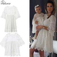 (KTL)2018 Brand New Mother &amp; Daughter Clothes Parent-child Floral Lace Dress Long Flare Sleeve White Lace Hollow Out Flower Dress