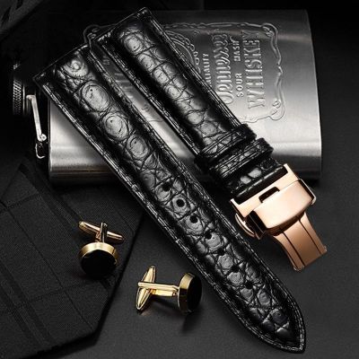 ❀❀ Original top layer crocodile leather belt round grain strap men and women butterfly buckle pin watch chain mens high-end