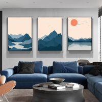 สไตล์ญี่ปุ่น Sunset Mountain Lake Landscape ภาพวาดผ้าใบ Wall Art สำหรับตกแต่งบ้าน