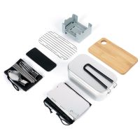 Lunch Box Mini Cutting Board Combo Set w Mini Folding Stove Steaming Rack Folding Windshield Fork Spoon Chopsticks camp supplies