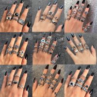 Vintage Silver Color Skull Heart Rings Set For Women Men Gothic Chain Retro Rings 2021 Trend Fashion Jewelry