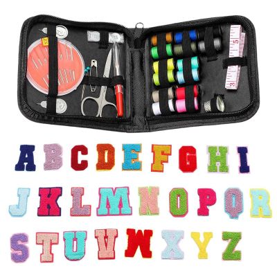 Sewing Kit with 26 Piece Alphabet Iron on Patches, A-Z Letter Embroidery Patches for Decorate Repair Hats Shirts Bags