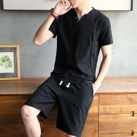 CODLi Ji Baju Raya 2023 New Mens T-Shirt Two-Piece Cotton and Linen Solid Color V-Neck Thin Short-Sleeved Shorts Set