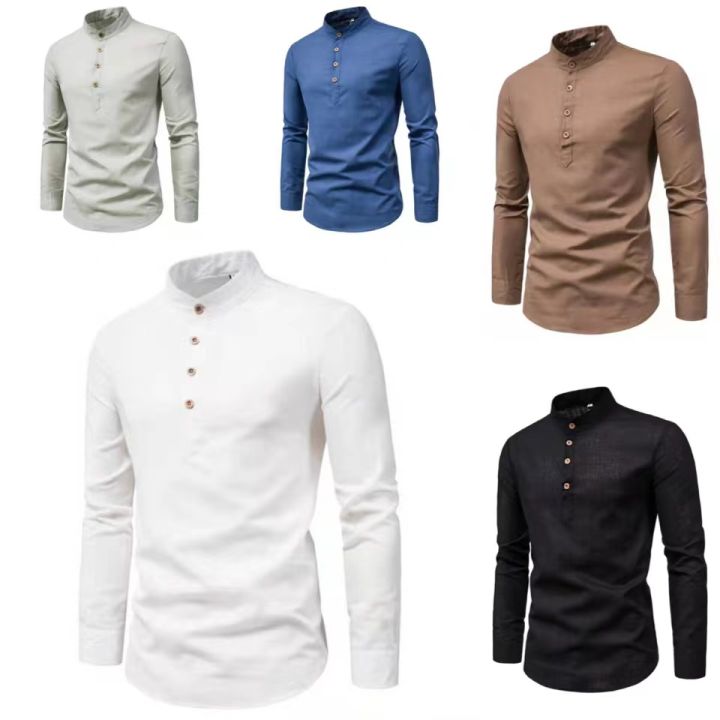 Men's Premium Chinese Collar Linen Long Sleeve Polo Stand Collar Plain ...