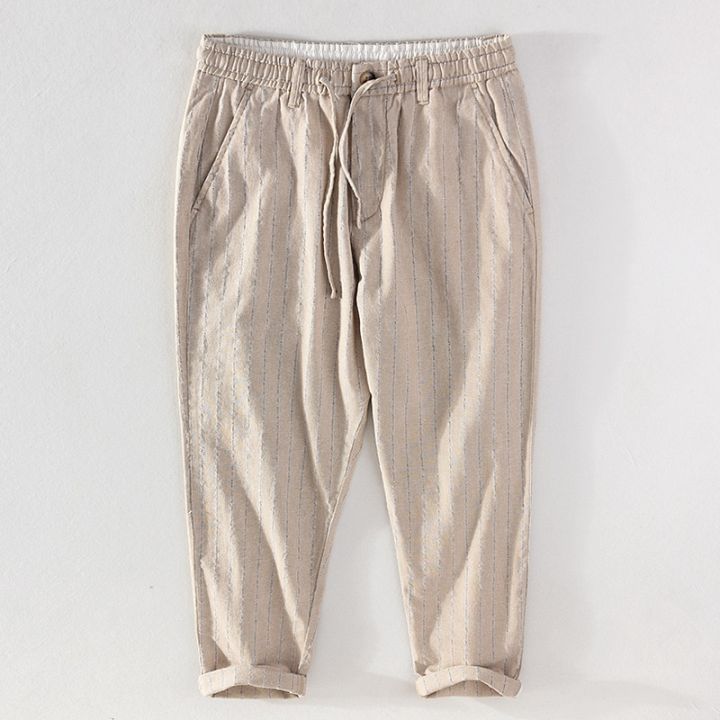 กางเกงลำลองขากว้างลายทางสำหรับผู้ชายกางเกงเอวยางยืดจีนผ้าคอตตอนผ้าคอตตอนขากว้างใส่สบายสำหรับฤดูร้อน