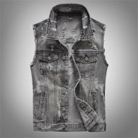 summer beach style Mens denim slim vest men denim Outerwear Coats cotton hole Sleeveless vest for men grey top quality jacket