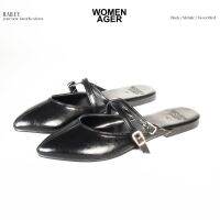 womenager - Raily Black leather รองเท้าหัวแหลมเปิดส้น