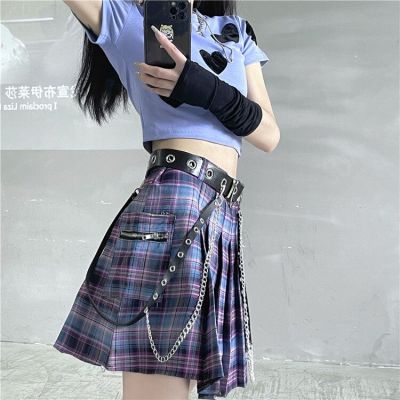 ‘；’ Free Belt Harajuku Plaid Skirt Women High Waist Mini Tennis Skirts Pocket A-Line Streetwear Vintage Gothic Pleated Korean Style