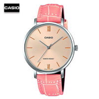 Velashop นาฬิกาข้อมือผู้หญิงคาสิโอ Casio Standard สายหนังชมพู หน้าปัดชมพู รุ่น LTP-VT01L-4BUDF, LTP-VT01L-4B, LTP-VT01L