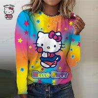 เสื้อทีเชิ้ตผู้ชายคอกลมลายการ์ตูน Hello Kitty,เสื้อยืดสุดเซ็กซี่สำหรับผู้หญิงลายพิมพ์แขนยาวฤดูใบไม้ร่วง2023