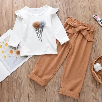 Kids Girls Lovely Clothing Sets Fashion Childrens Casual Clothes Ice Cream Print T-Shirt And Pants With Bow Belt Cute Outfits