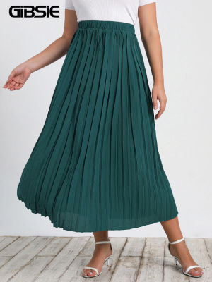GIBSIE Plus Size High Waist Solid Pleated Skirts Women Spring Summer Elegant A-line Skirt Fashion Office Lady Casual Long Skirt